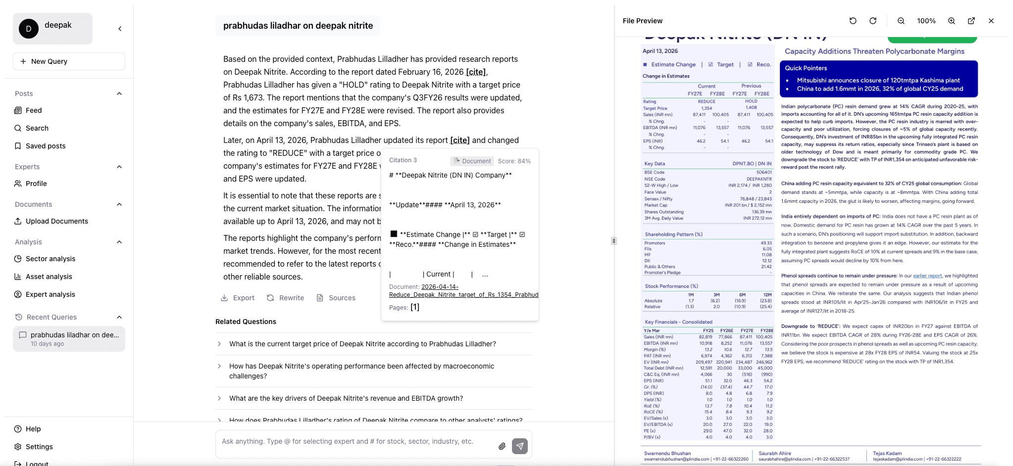 Research answers grounded in filings, earnings, and other sources